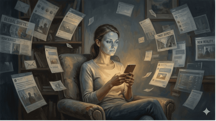 圖說：在資訊碎片化與過載的時代，傳統的曝光模式正隨著信任的稀缺而面臨挑戰。當使用者被海量訊息包圍，單純的『觸及』已難以直接轉化為決策的動力。