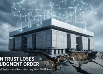 數位信任資本 DTC 概念圖:象徵在 AI 演算法與生成式內容衝擊下,傳統信任基礎(地基)正在崩裂,轉向數位訊號(雲端)的結構性危機。