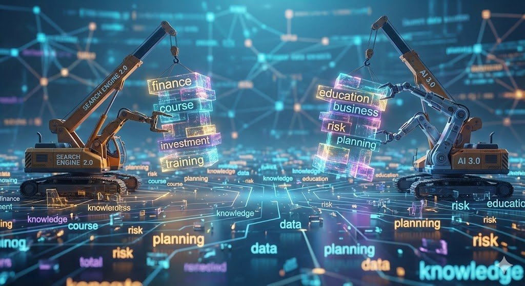 AI 與搜尋引擎將理財、課程等獨立語意任意聚合（semantic aggregation）拼湊成未經驗證的專業名詞示意圖