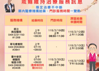 南投縣衛生局關懷不停歇　春節期間戒癮治療不中斷