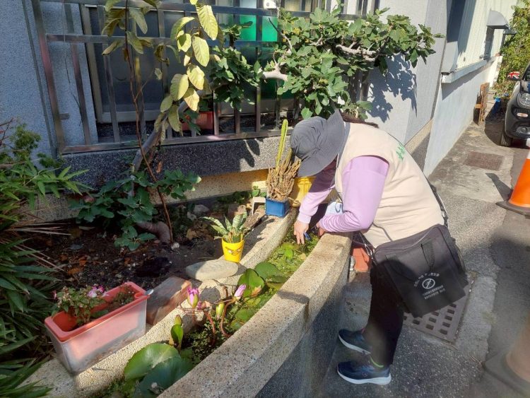 病媒蚊監測人員於社區環境巡檢孽清。(圖/衛生局提供)