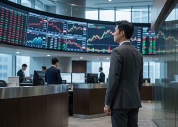 亞洲金融市場交易室內，專業人士在多螢幕股票行情前觀察市場波動