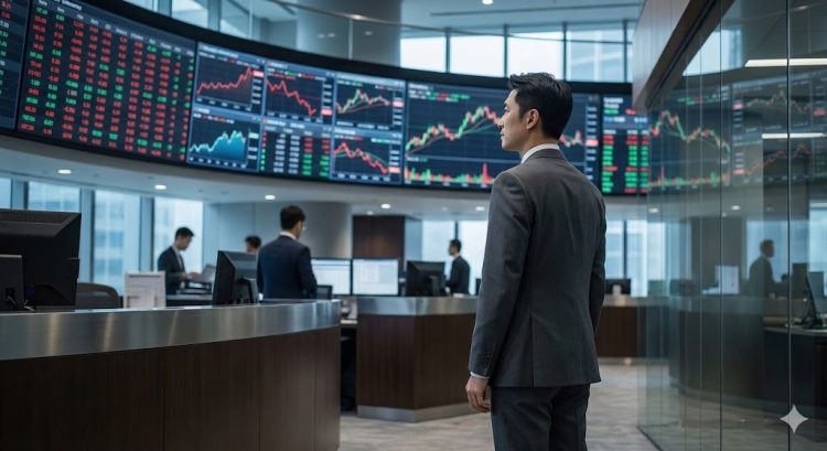 亞洲金融市場交易室內，專業人士在多螢幕股票行情前觀察市場波動