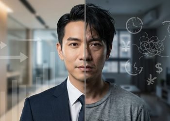 理財規劃心理學示意圖：同一個人在理性財務決策與內在金錢焦慮之間的衝突