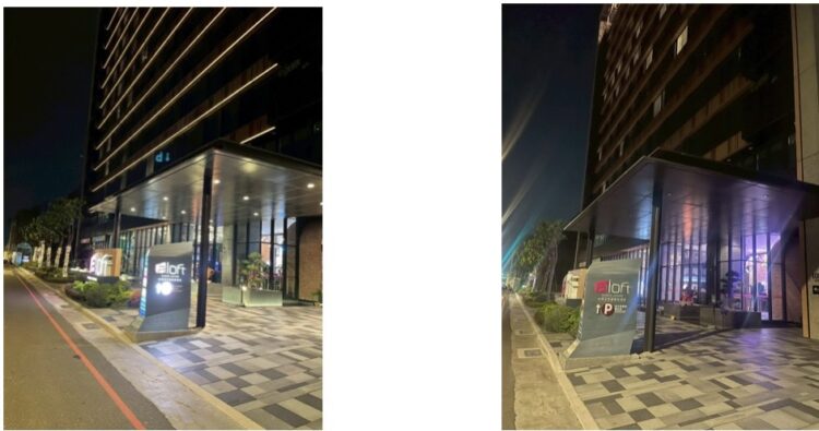 左為關燈前;右為關燈後,LOGO與車道燈及酒店外牆燈關閉。(圖/台南安平雅樂軒提供)