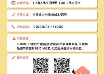 115年度台中市公寓大廈成立管委會補助　3/23-10/31開放線上受理申請