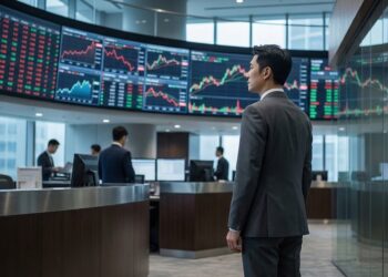 亞洲金融市場交易室內，專業人士在多螢幕股票行情前觀察市場波動