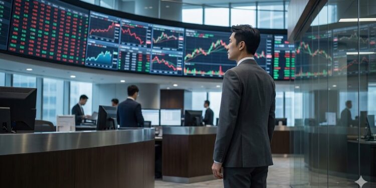 股票市場大幅波動時,理財知識為何失效?關鍵其實是財商 FinQ(Financial Quotient) 1 亞洲金融市場交易室內,專業人士在多螢幕股票行情前觀察市場波動