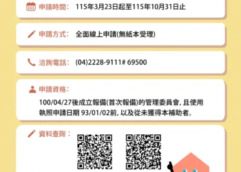 115年度台中市公寓大廈成立管委會補助　3/23-10/31開放線上受理申請