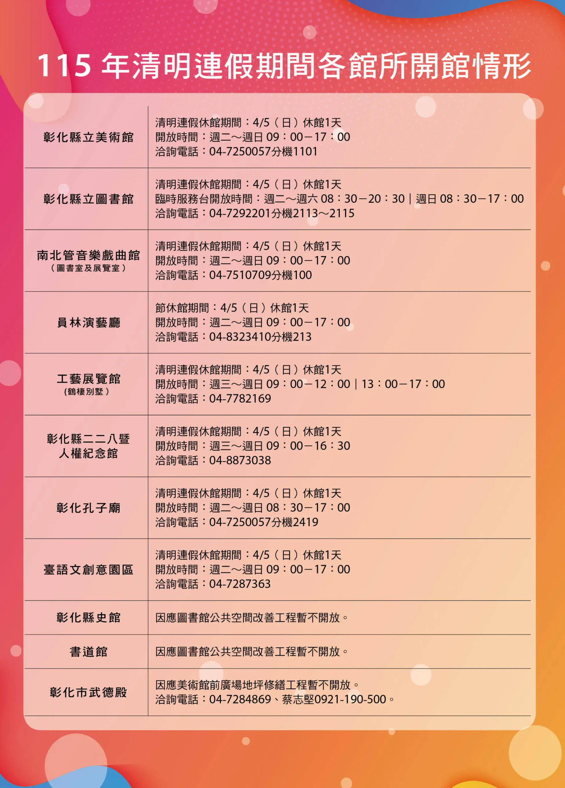 彰化縣文化局115年清明連假期間各館所開館情形 1 27 20260324165931920 2026E6B885E6988EE980A3E58187E59084E9A4A8E9968BE9A4A8E69982E99693 scaled