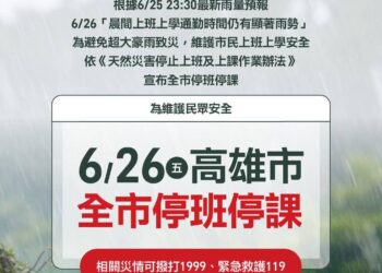 高雄市暴雨狂下　市政府緊急宣布「26日停班停課」
