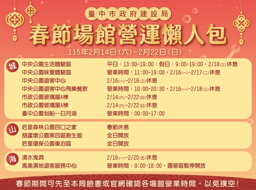 春節不打烊！台中市建設局為遊客提供完整的場館營業資訊