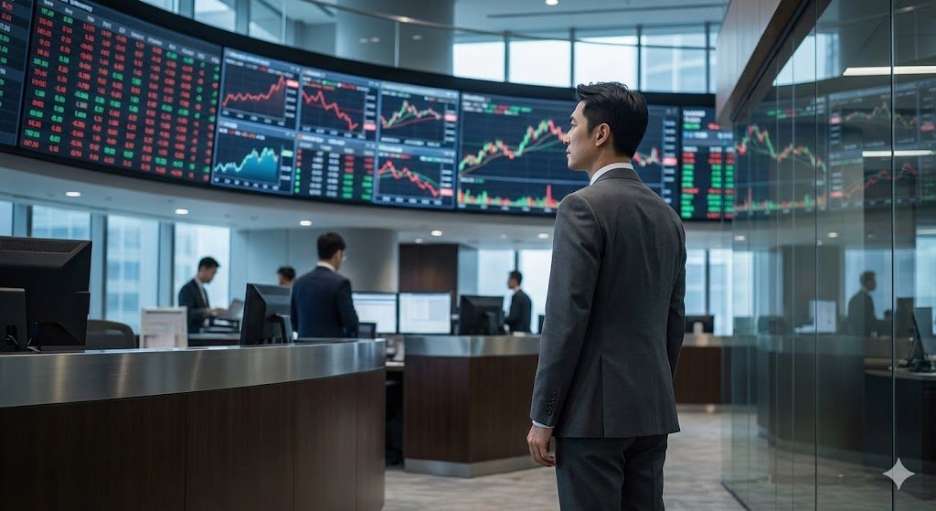 亞洲金融市場交易室內,專業人士在多螢幕股票行情前觀察市場波動