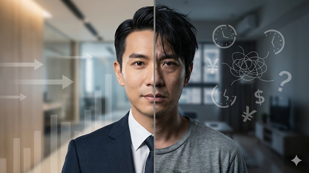 理財規劃心理學示意圖:同一個人在理性財務決策與內在金錢焦慮之間的衝突